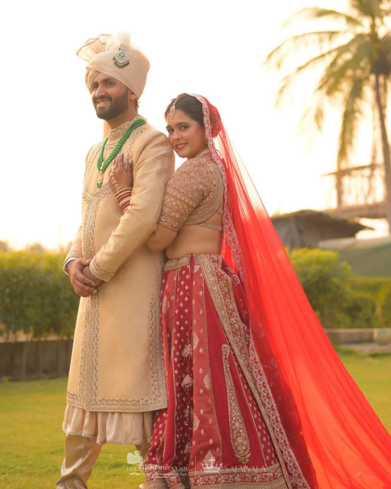 Classic groom pagdi styled with a red ceremonial stole for Begumpet